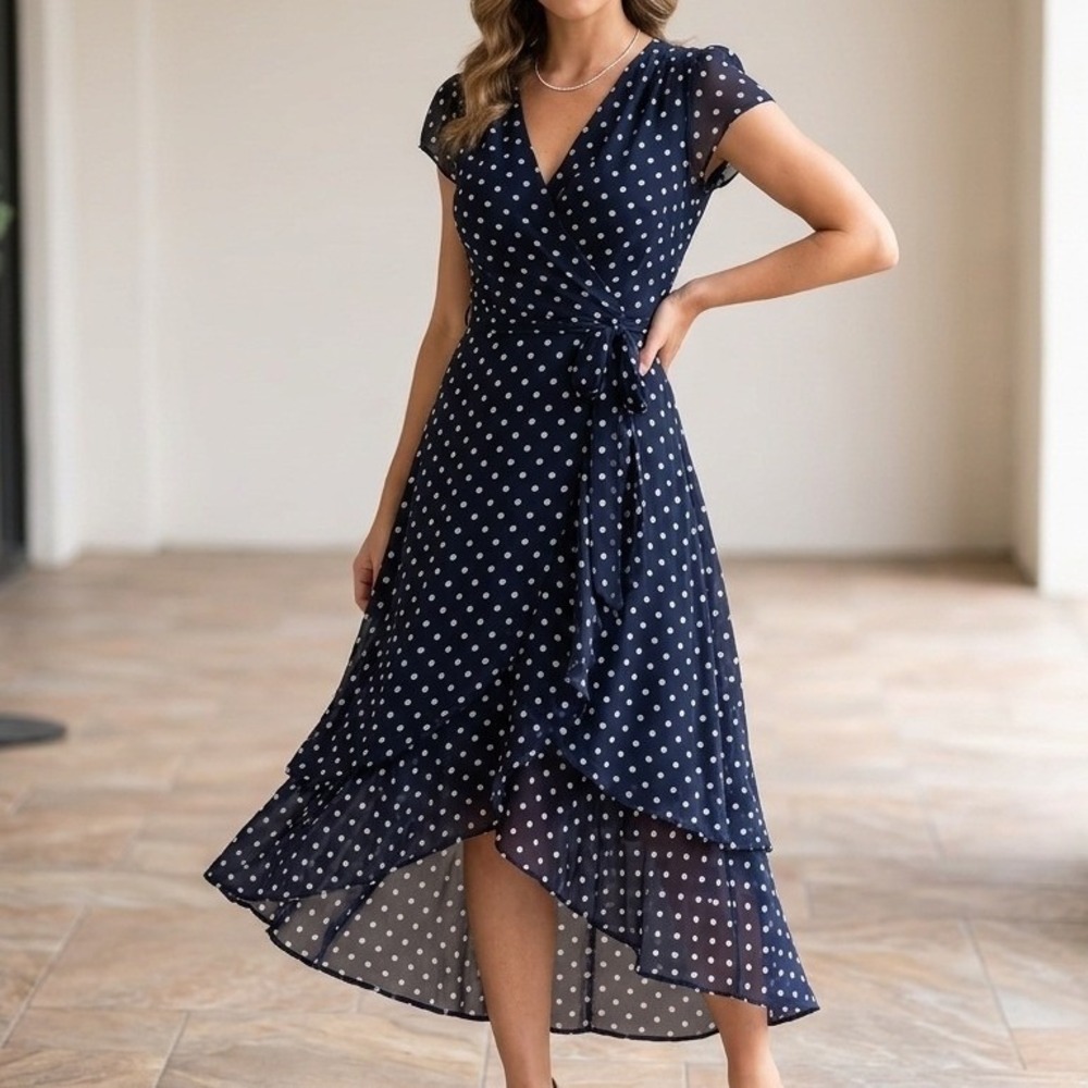 ABS Collection Navy Blue Polka Dot High-Low Wrap Dress Short Sleeve L NWT
